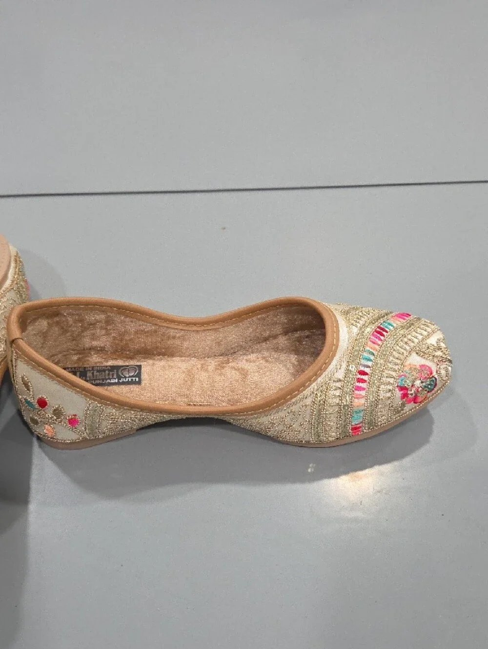 M.L. Khati Beige Embroidered Kid’s Jutti - Pink & Turquoise Accents